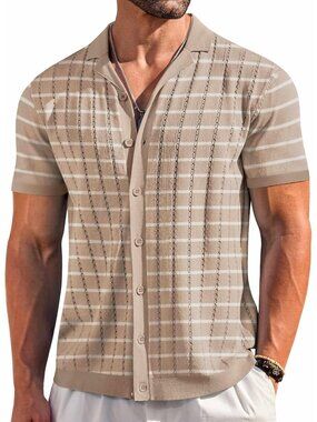 Men's Tz389 Short Sleeve Knit Casual Button Down Vintage Striped Top Shirt